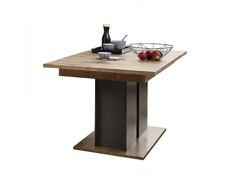 Säulentisch mit Mittelauszug Eiche dunkel Optik und Dunkelgrau