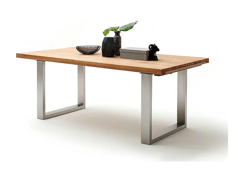 Holztisch aus Wildeiche Massivholz Bügelgestell aus Edelstahl