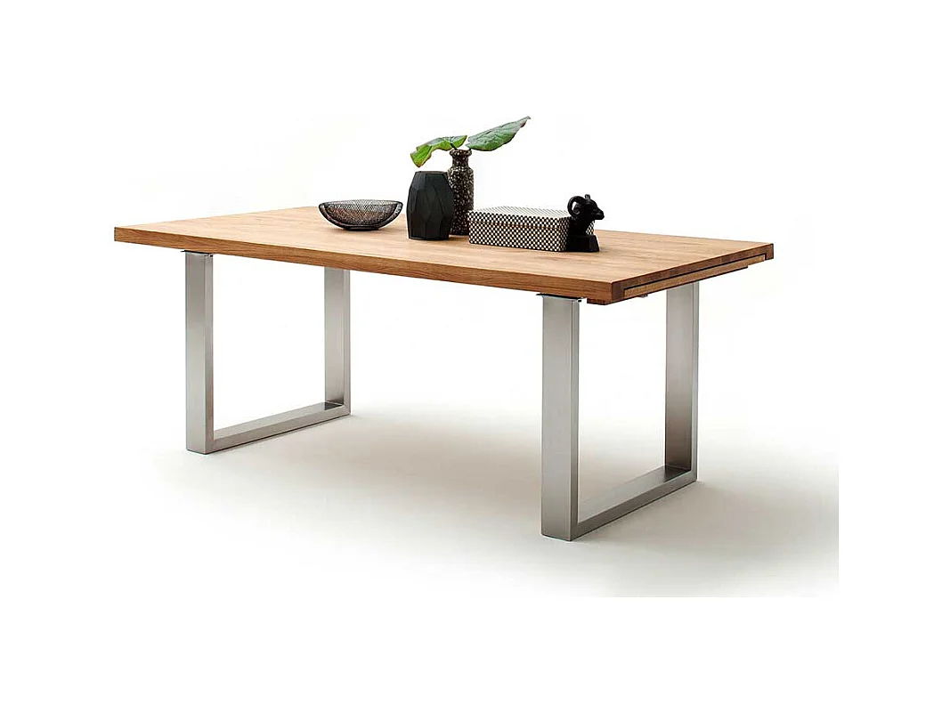 Holztisch aus Wildeiche Massivholz Bügelgestell aus Edelstahl