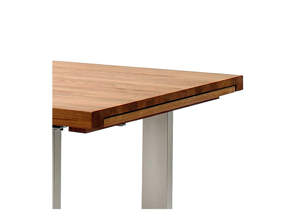 Holztisch aus Wildeiche Massivholz Bügelgestell aus Edelstahl