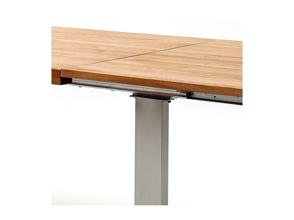 Holztisch aus Wildeiche Massivholz Bügelgestell aus Edelstahl