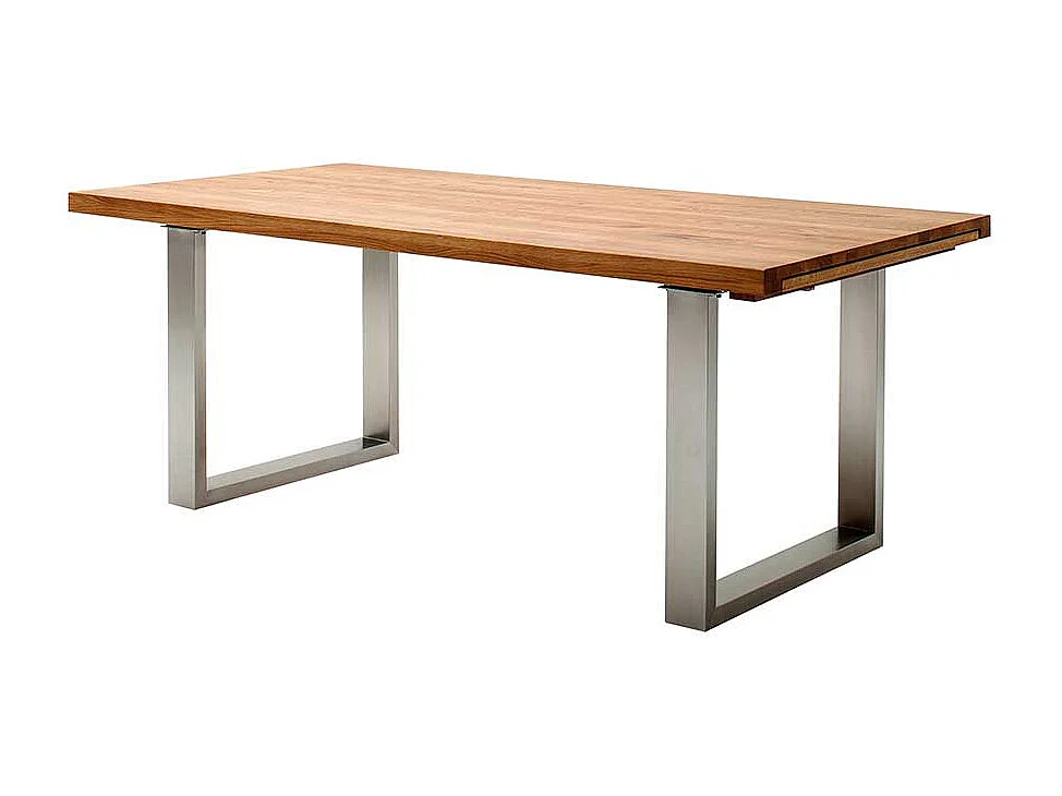 Holztisch aus Wildeiche Massivholz Bügelgestell aus Edelstahl