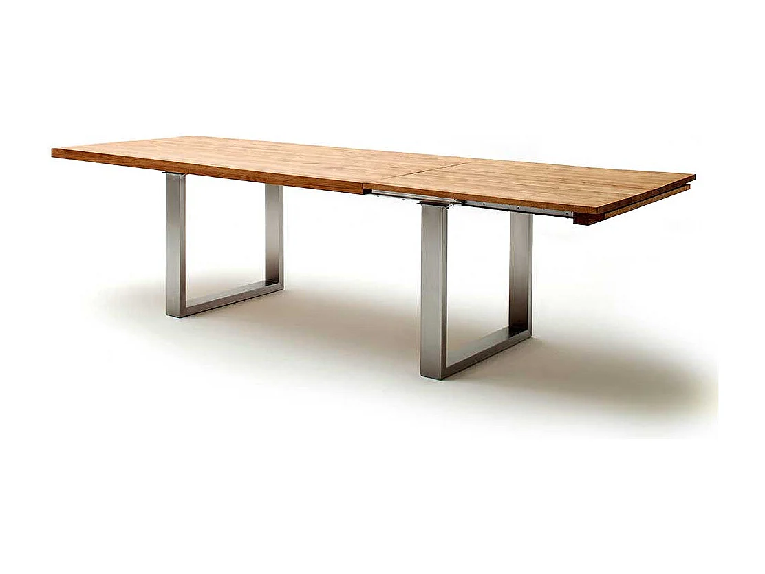 Holztisch aus Wildeiche Massivholz Bügelgestell aus Edelstahl