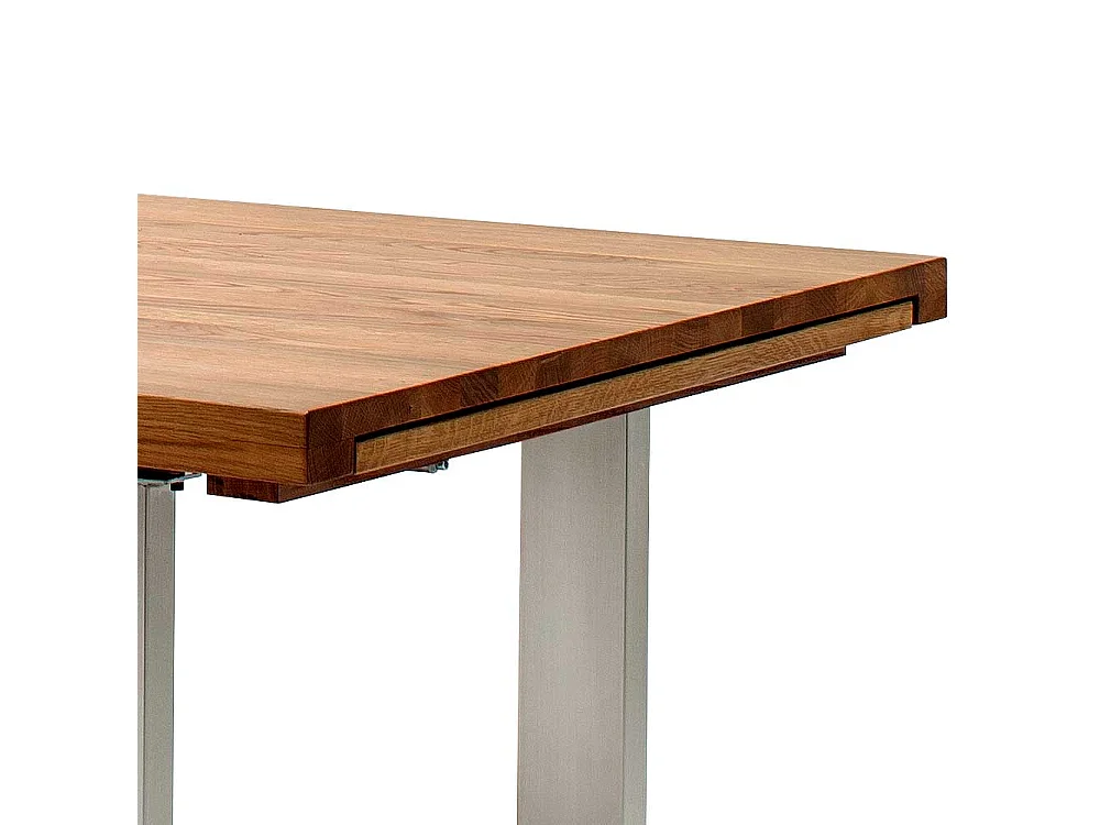 Holztisch aus Wildeiche Massivholz Bügelgestell aus Edelstahl