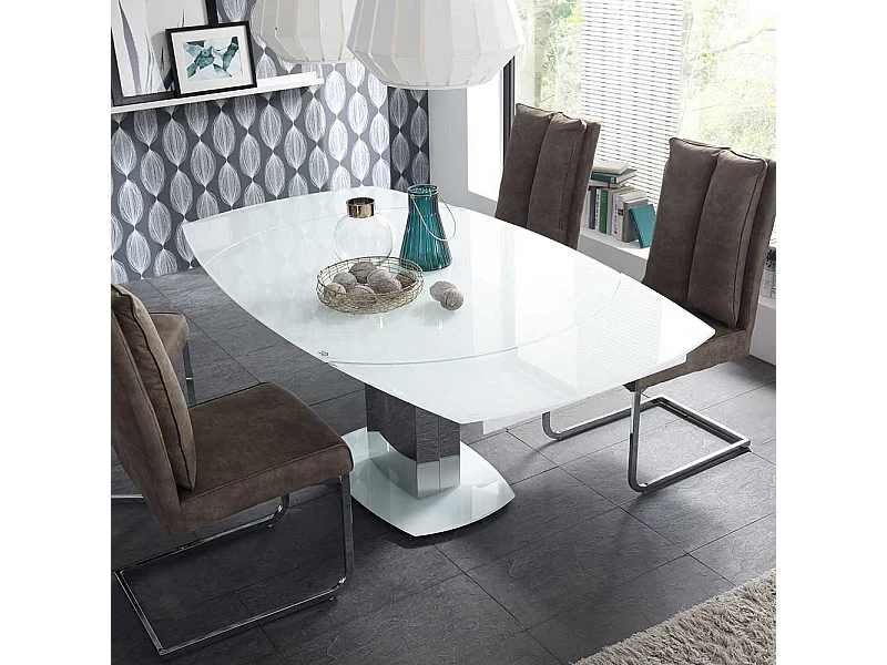 Esszimmertisch in Weiß Glasplatte Edelstahl