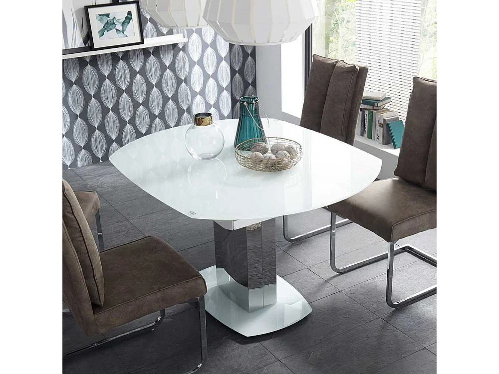 Esszimmertisch in Weiß Glasplatte Edelstahl