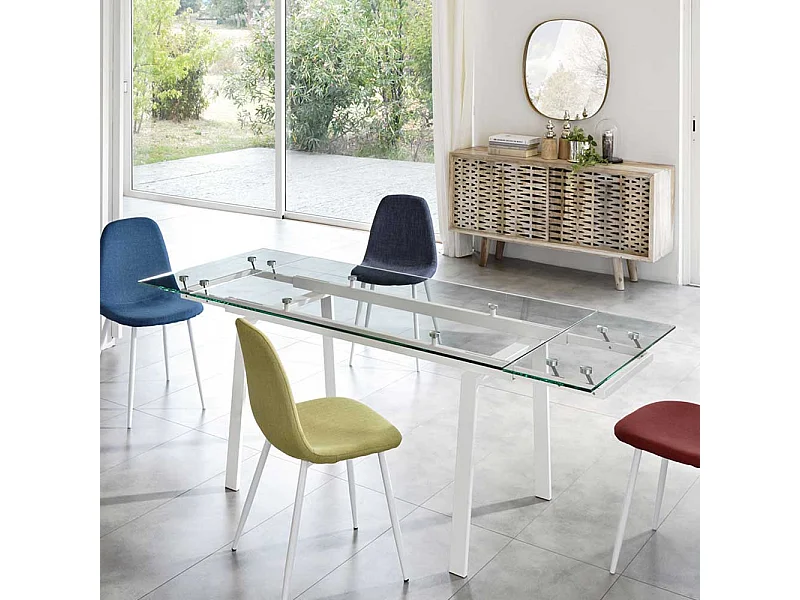Glas Esszimmertisch aus Sicherheitsglas und Metall verlängerbar