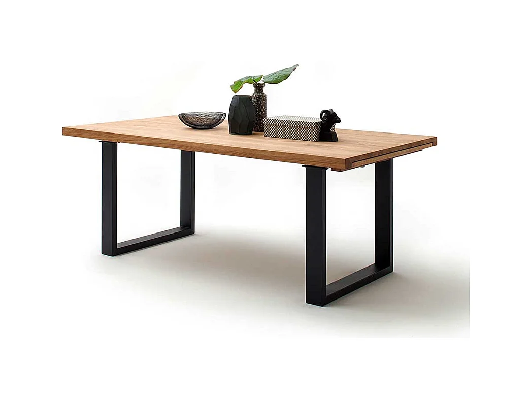 Ausziehtisch aus Wildeiche Massivholz Bügelgestell in Schwarz