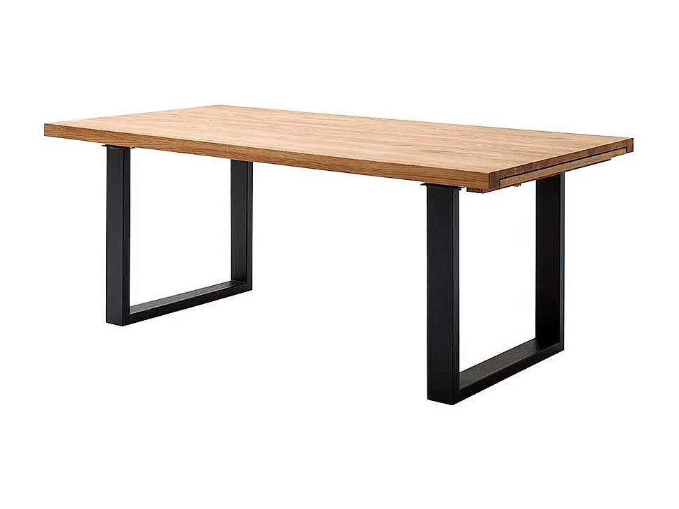 Ausziehtisch aus Wildeiche Massivholz Bügelgestell in Schwarz
