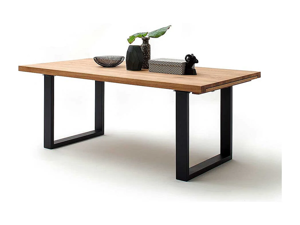 Ausziehtisch aus Wildeiche Massivholz Bügelgestell in Schwarz