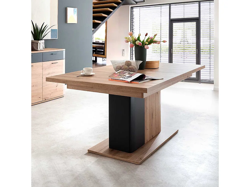 Säulentisch in Eichefarben und Anthrazit Mittelauszug