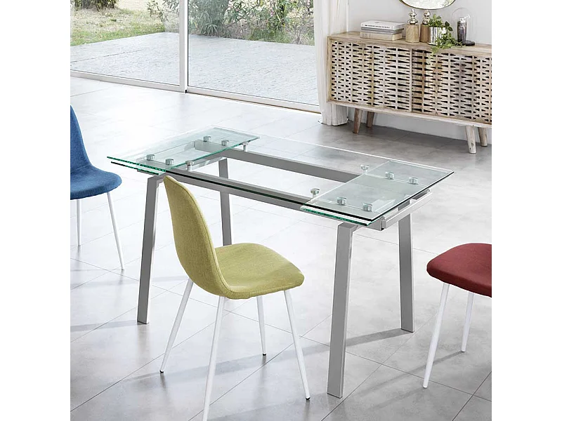 Esszimmertisch aus Sicherheitsglas und Metall verlängerbar