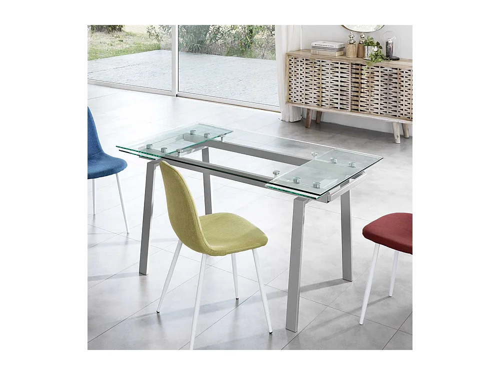 Esszimmertisch aus Sicherheitsglas und Metall verlängerbar