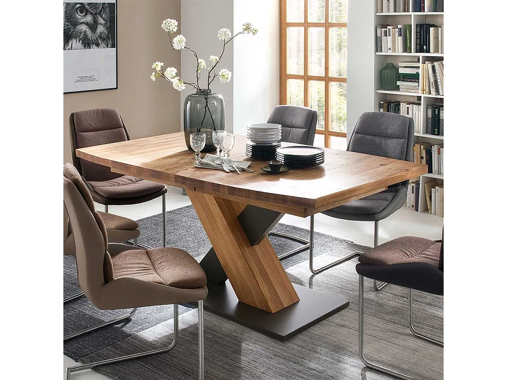 Ausziehtisch in Wildeichefarben und Schwarz Säulengestell