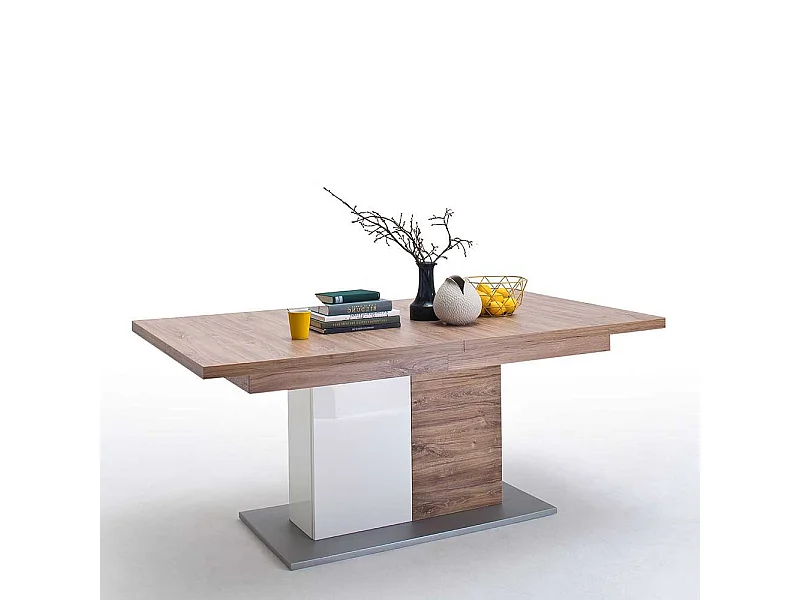 Ausziehtisch in Eiche Dekor und Weiß Hochglanz Säulengestell