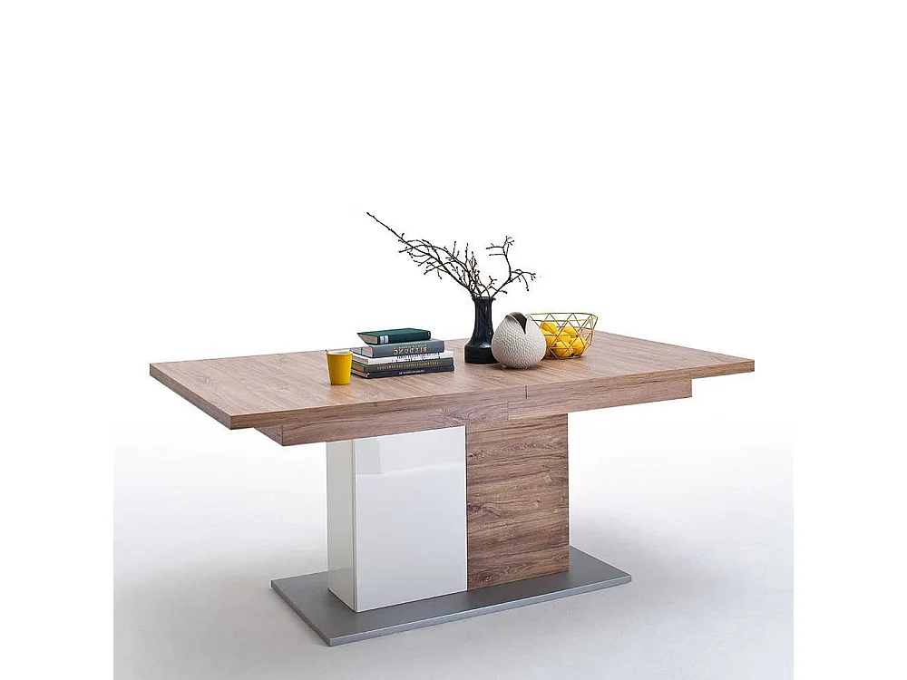 Ausziehtisch in Eiche Dekor und Weiß Hochglanz Säulengestell