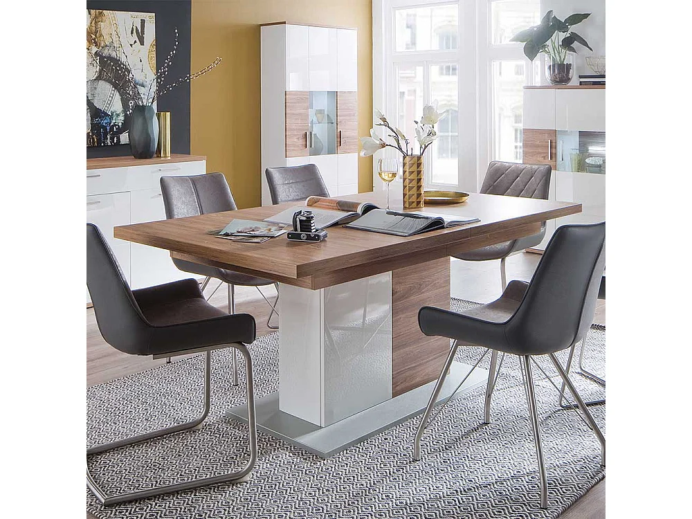 Ausziehtisch in Eiche Dekor und Weiß Hochglanz Säulengestell