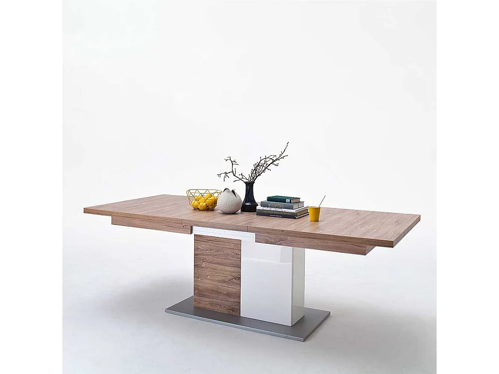 Ausziehtisch in Eiche Dekor und Weiß Hochglanz Säulengestell