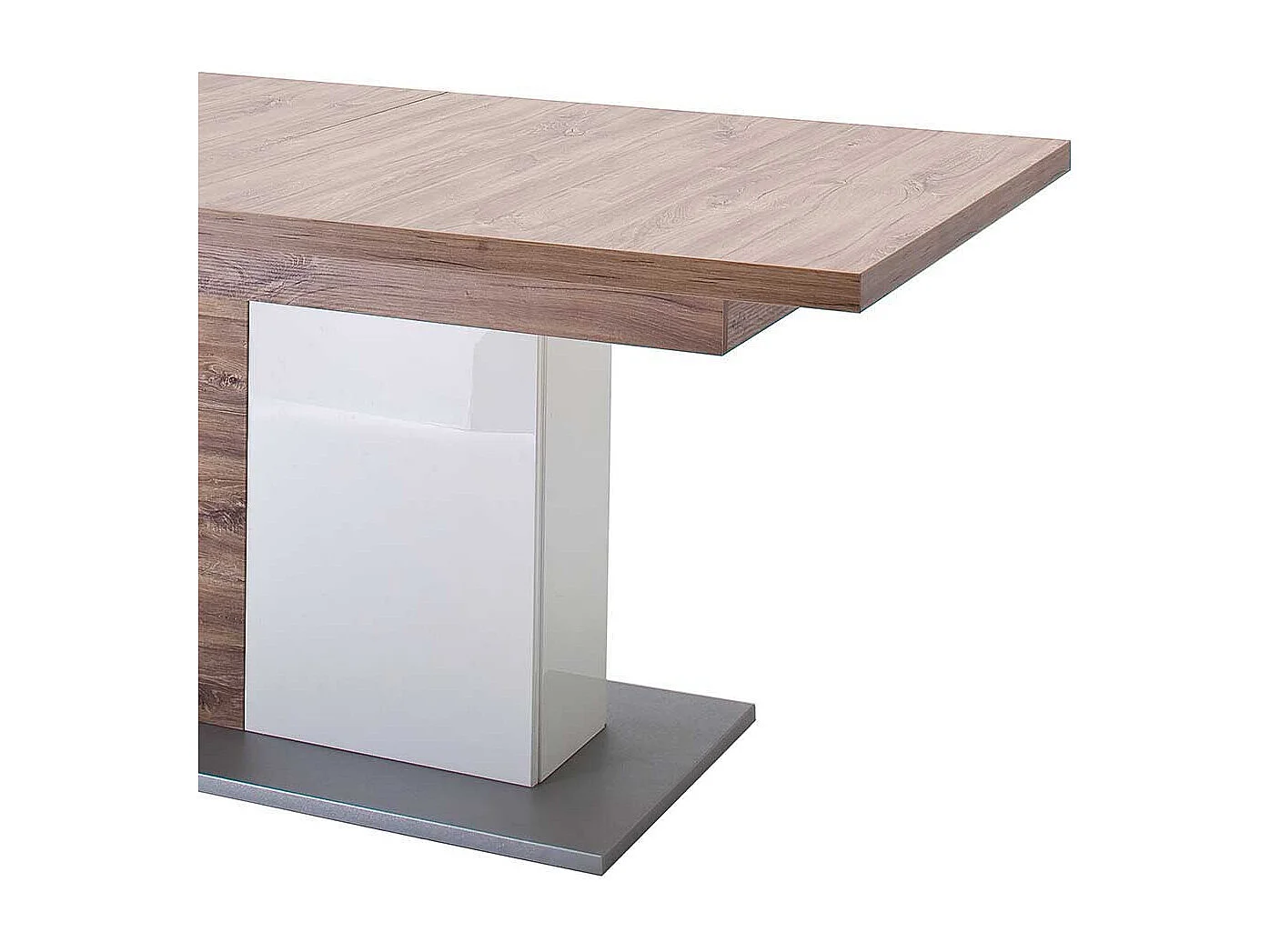 Ausziehtisch in Eiche Dekor und Weiß Hochglanz Säulengestell