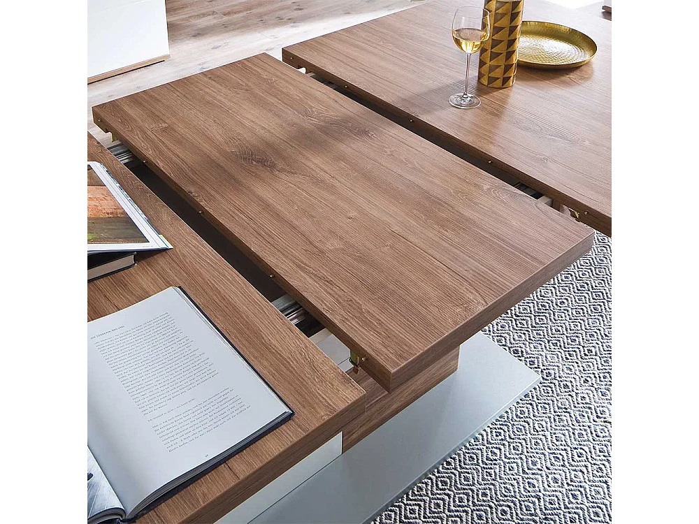 Ausziehtisch in Eiche Dekor und Weiß Hochglanz Säulengestell