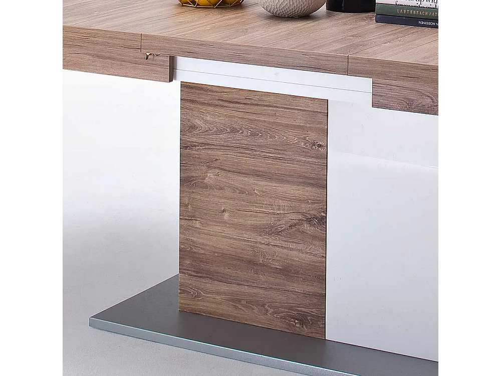 Ausziehtisch in Eiche Dekor und Weiß Hochglanz Säulengestell