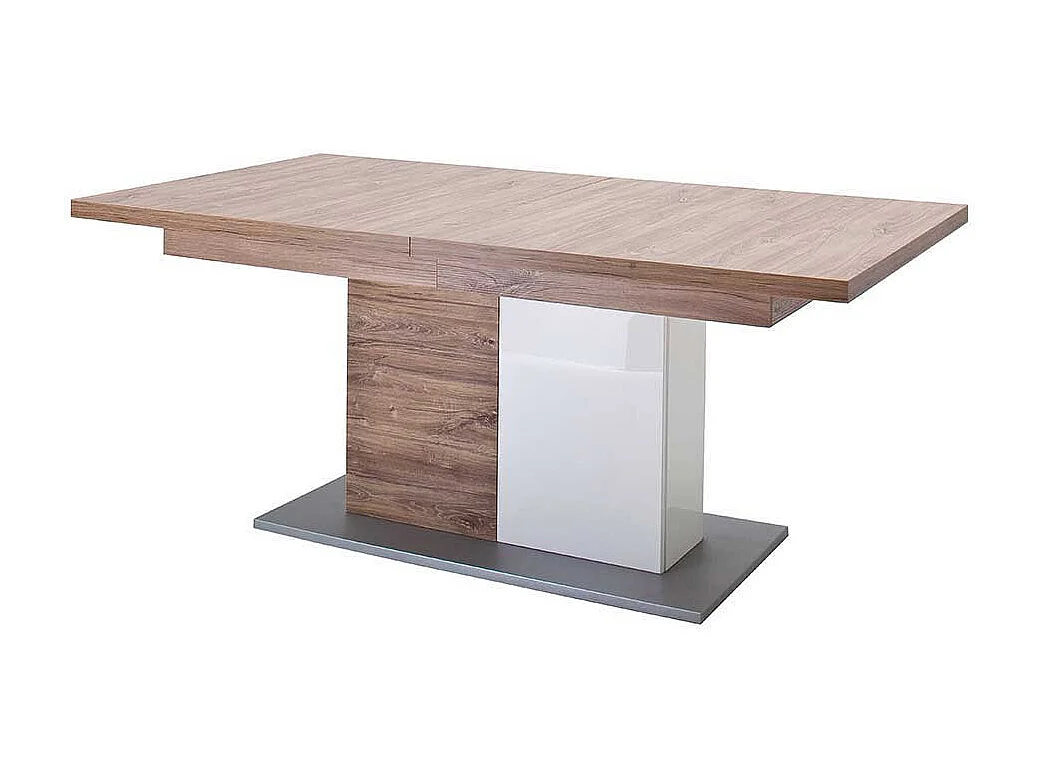 Ausziehtisch in Eiche Dekor und Weiß Hochglanz Säulengestell