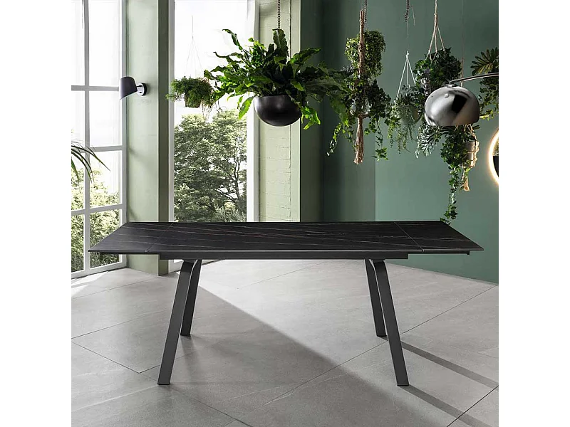 Ausziehtisch rechteckig mit Keramikplatte Schwarz Marmoroptik
