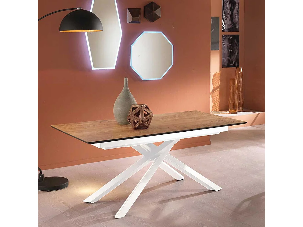 Ausziehtisch in Weiß und Eichefarben Mikado Fußgestell