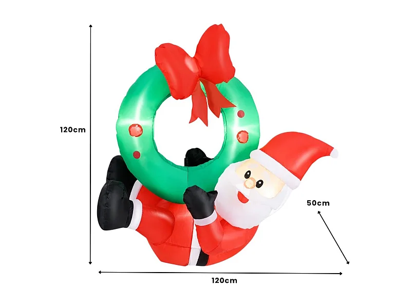 Couronne Gonflable de 120cm avec Père Noël Couronne Illuminé avec Nœud Rouge 5 Lumières LED Décoration de Fenêtre Multicolore