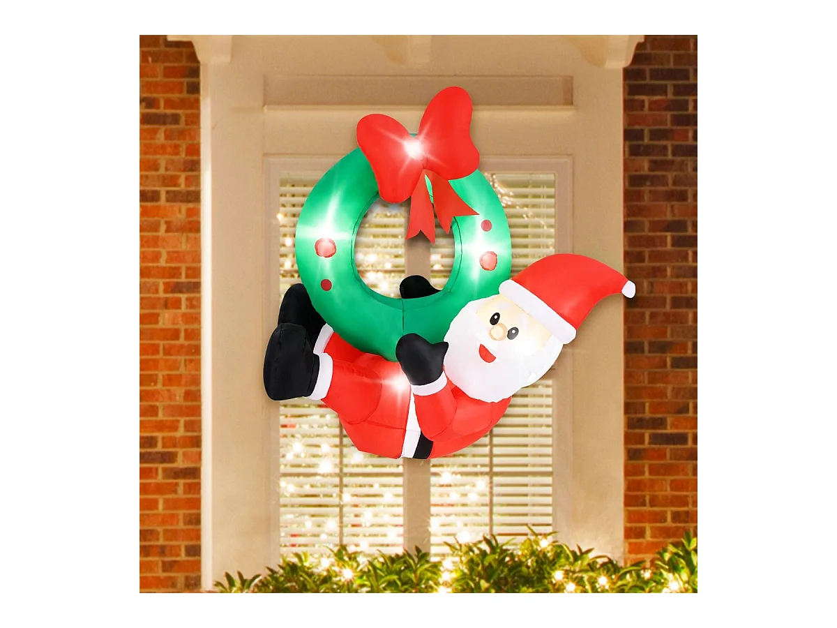 Couronne Gonflable de 120cm avec Père Noël Couronne Illuminé avec Nœud Rouge 5 Lumières LED Décoration de Fenêtre Multicolore