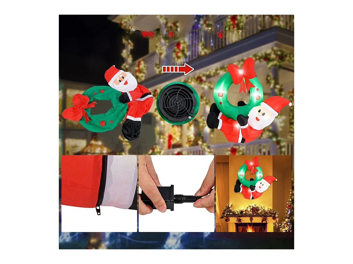 Couronne Gonflable de 120cm avec Père Noël Couronne Illuminé avec Nœud Rouge 5 Lumières LED Décoration de Fenêtre Multicolore