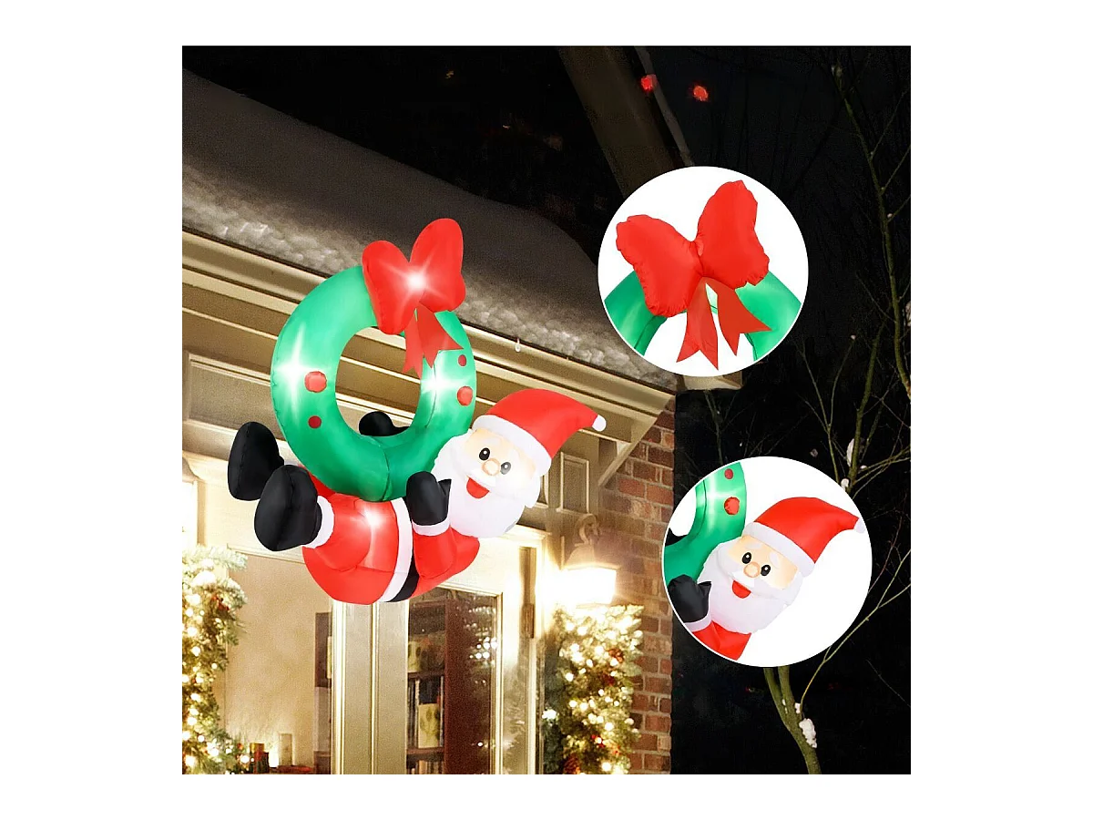 Couronne Gonflable de 120cm avec Père Noël Couronne Illuminé avec Nœud Rouge 5 Lumières LED Décoration de Fenêtre Multicolore