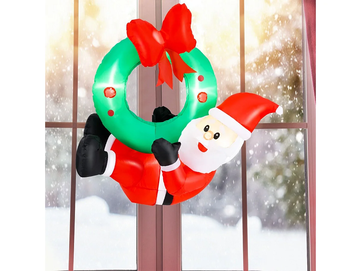 Couronne Gonflable de 120cm avec Père Noël Couronne Illuminé avec Nœud Rouge 5 Lumières LED Décoration de Fenêtre Multicolore