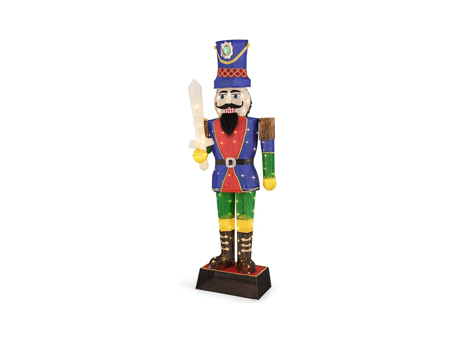 Soldat Casse-Noisette de 184 cm avec Chapeau et Epée Décoration de Noël 3D avec 110 Lumières LED Blanc Chaud Figurine Pailletée Etanche
