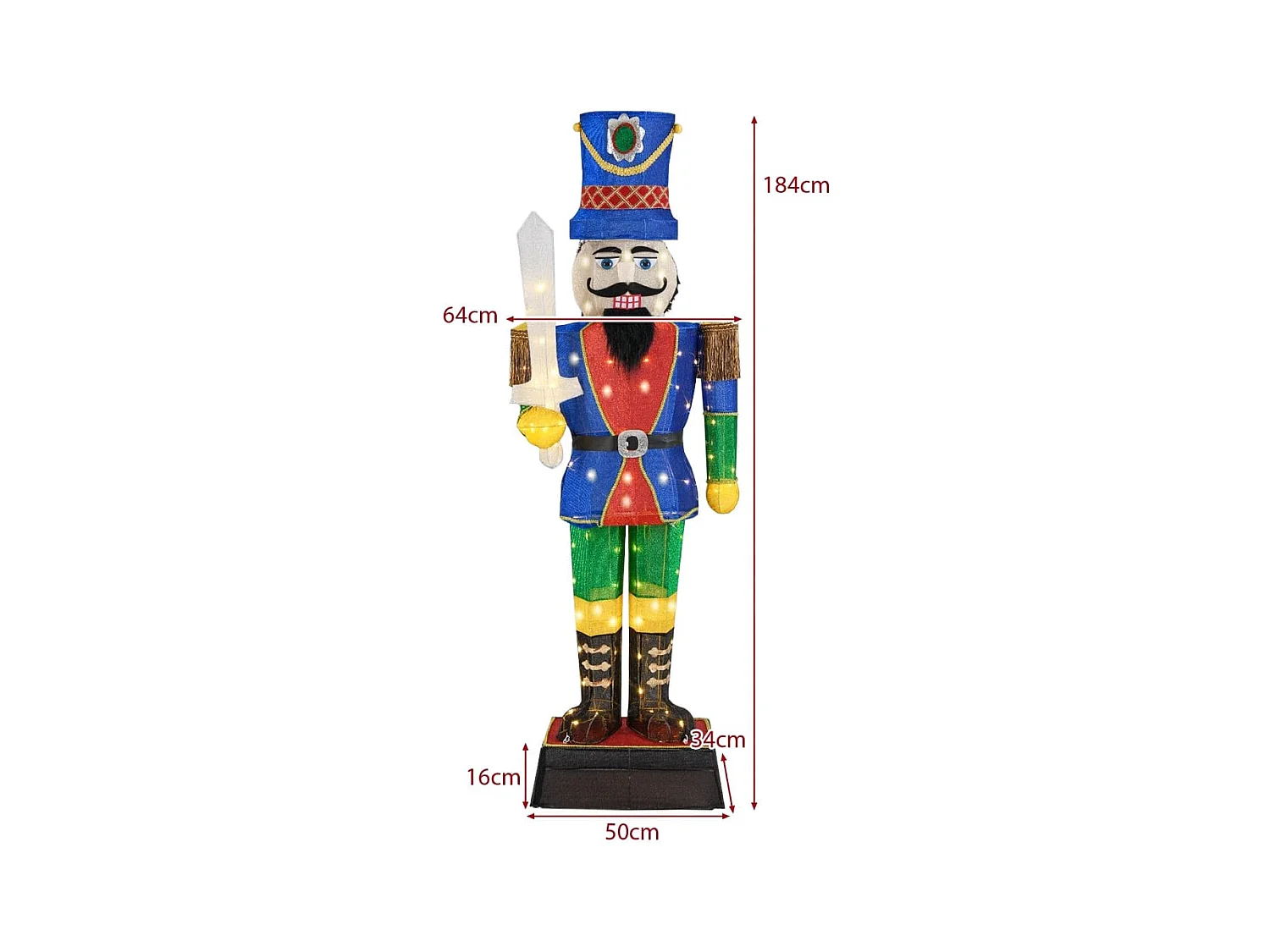 Soldat Casse-Noisette de 184 cm avec Chapeau et Epée Décoration de Noël 3D avec 110 Lumières LED Blanc Chaud Figurine Pailletée Etanche