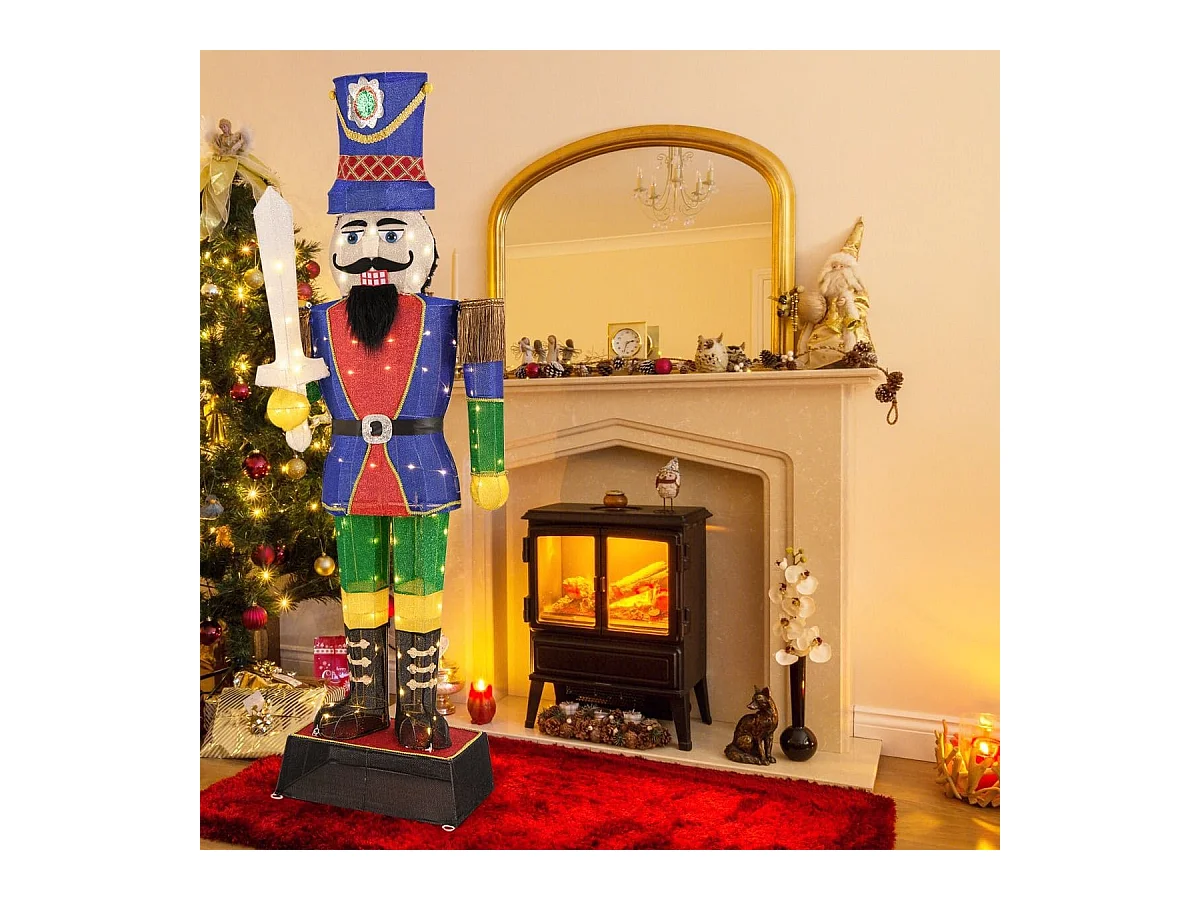 Soldat Casse-Noisette de 184 cm avec Chapeau et Epée Décoration de Noël 3D avec 110 Lumières LED Blanc Chaud Figurine Pailletée Etanche