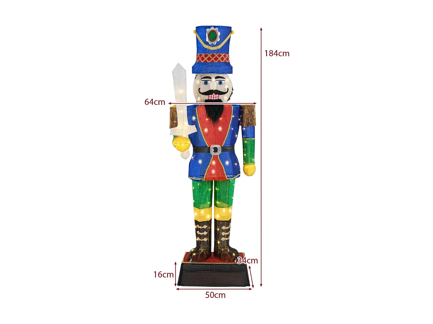 Soldat Casse-Noisette de 184 cm avec Chapeau et Epée Décoration de Noël 3D avec 110 Lumières LED Blanc Chaud Figurine Pailletée Etanche
