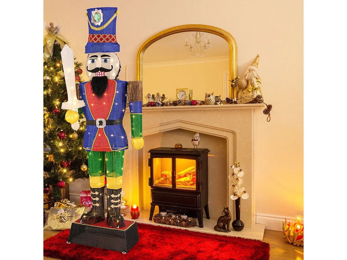 Soldat Casse-Noisette de 184 cm avec Chapeau et Epée Décoration de Noël 3D avec 110 Lumières LED Blanc Chaud Figurine Pailletée Etanche