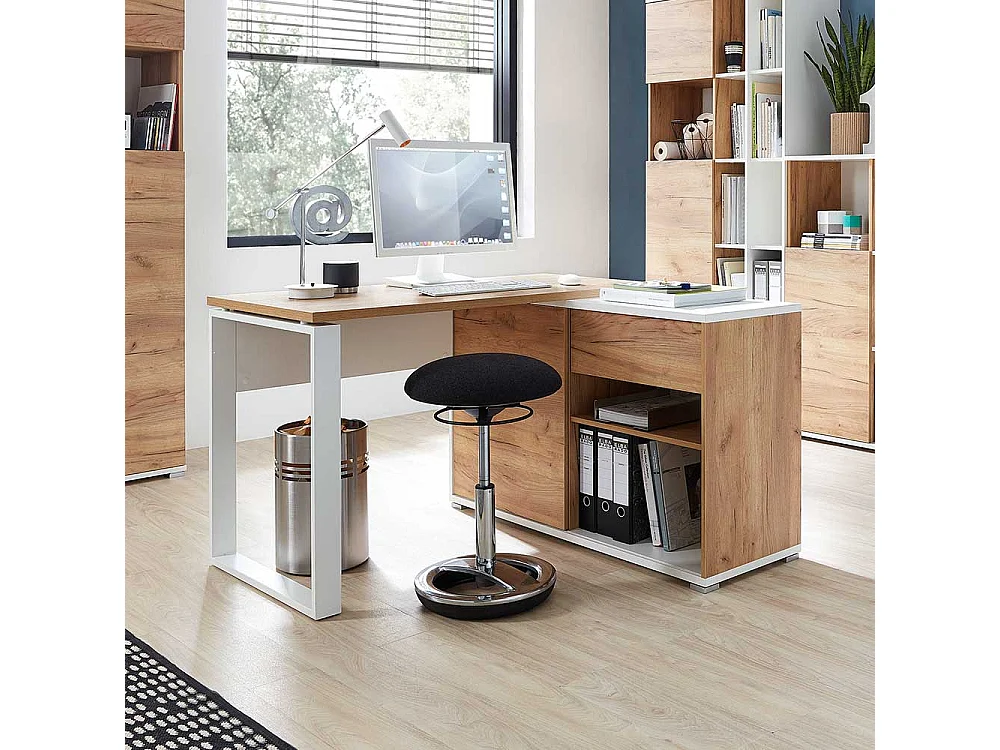 Computereckschreibtisch in Weiß und Wildeiche Dekor 120 cm breit
