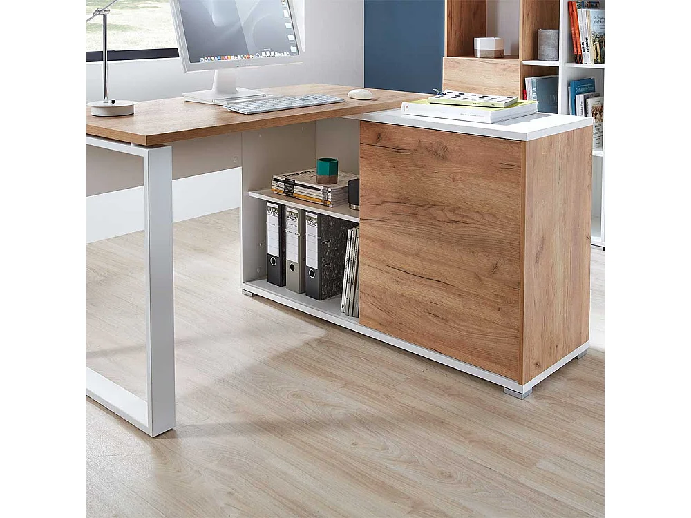 Computereckschreibtisch in Weiß und Wildeiche Dekor 120 cm breit