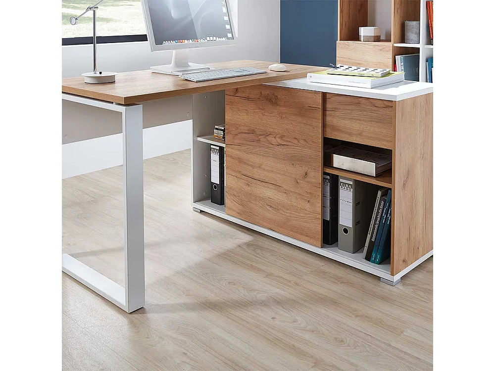 Computereckschreibtisch in Weiß und Wildeiche Dekor 120 cm breit