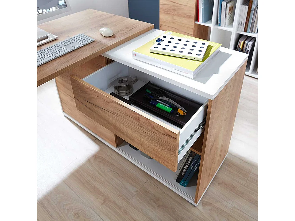 Computereckschreibtisch in Weiß und Wildeiche Dekor 120 cm breit