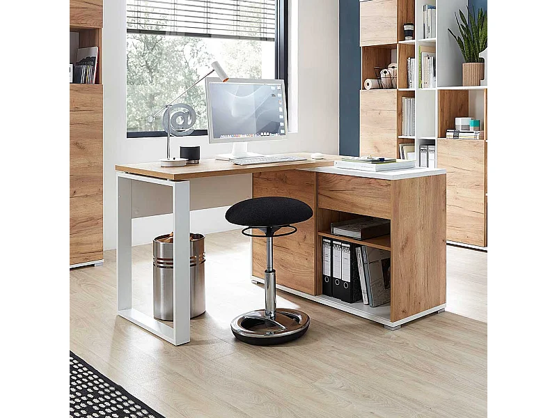 Computereckschreibtisch in Weiß und Wildeiche Dekor 120 cm breit