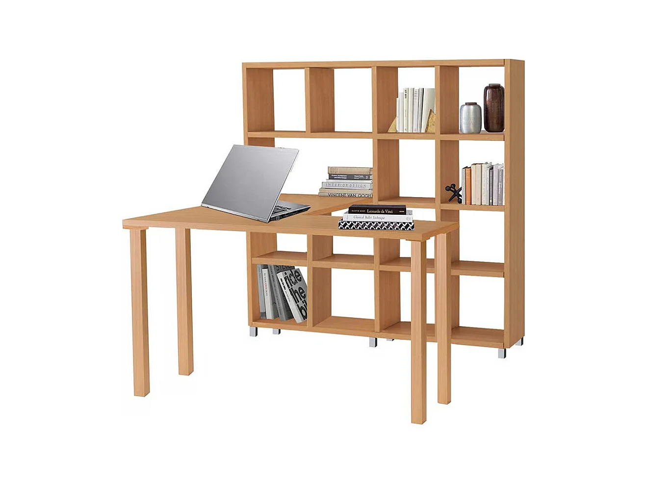 Büroschreibtisch in Buchefarben Seitenregalen