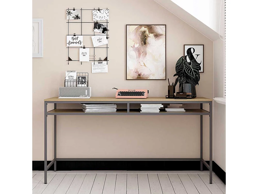 Metallgestell Bürotisch in Eichefarben und Dunkelgrau Staufach