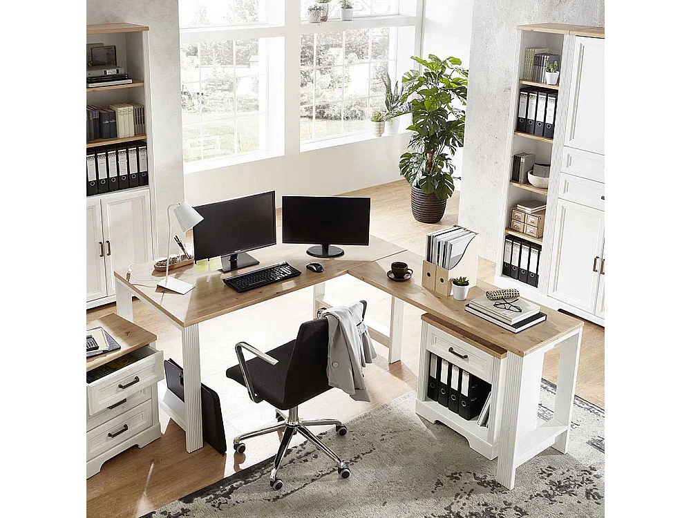 Schreibtisch Winkelform in Weiß Eichefarben