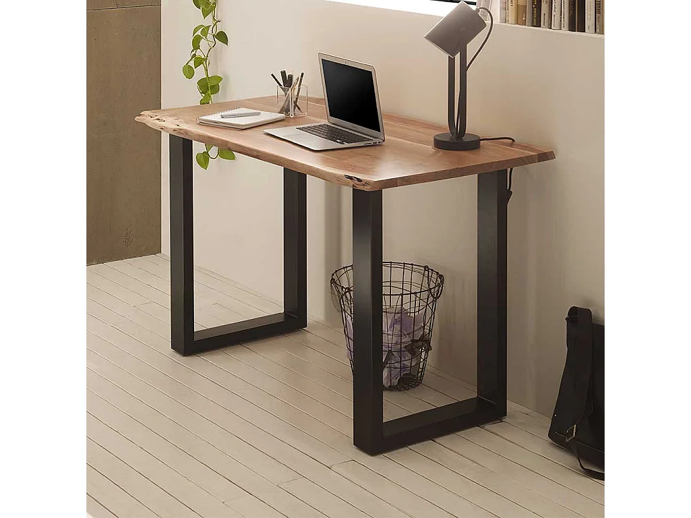 Schreibtisch mit Baumkante aus Akazie Massivholz Metall