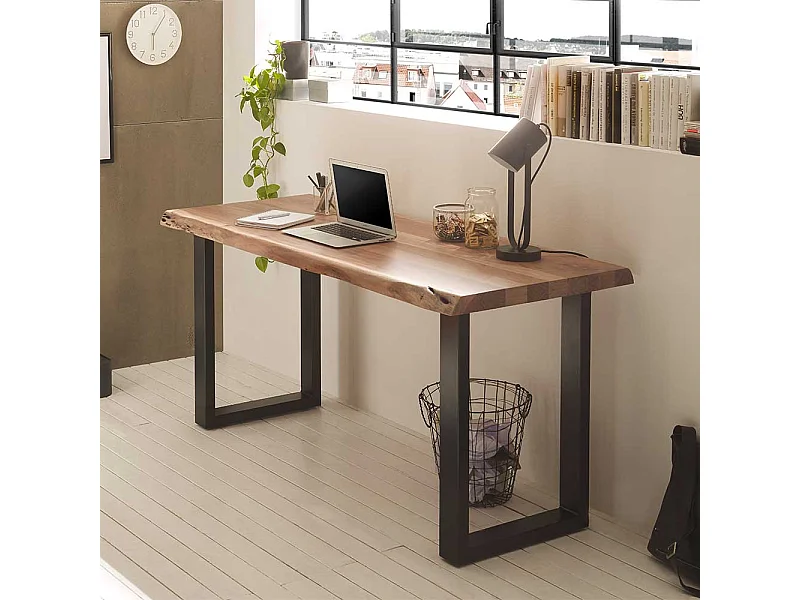 Schreibtisch mit Baumkante aus Akazie Massivholz Metall