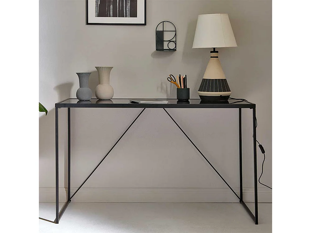 Schreibtisch Konsoltisch mit Glasplatte und Bügelgestell