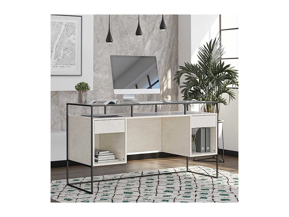Schreibtisch mit Seitenregalen in Lichtgrau und Schwarz Strukturglasplatte